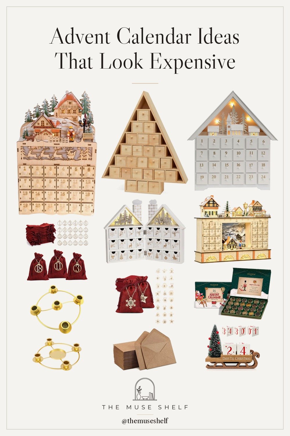Collage of advent calendars from Amazon: a white wooden house advent calendar with lights, a natural wood tree advent calendar with drawers, wooden village calendars, red linen and burlap drawstring advent bags, kraft mini envelopes, a loose leaf tea advent calendar and gold advent candle rings