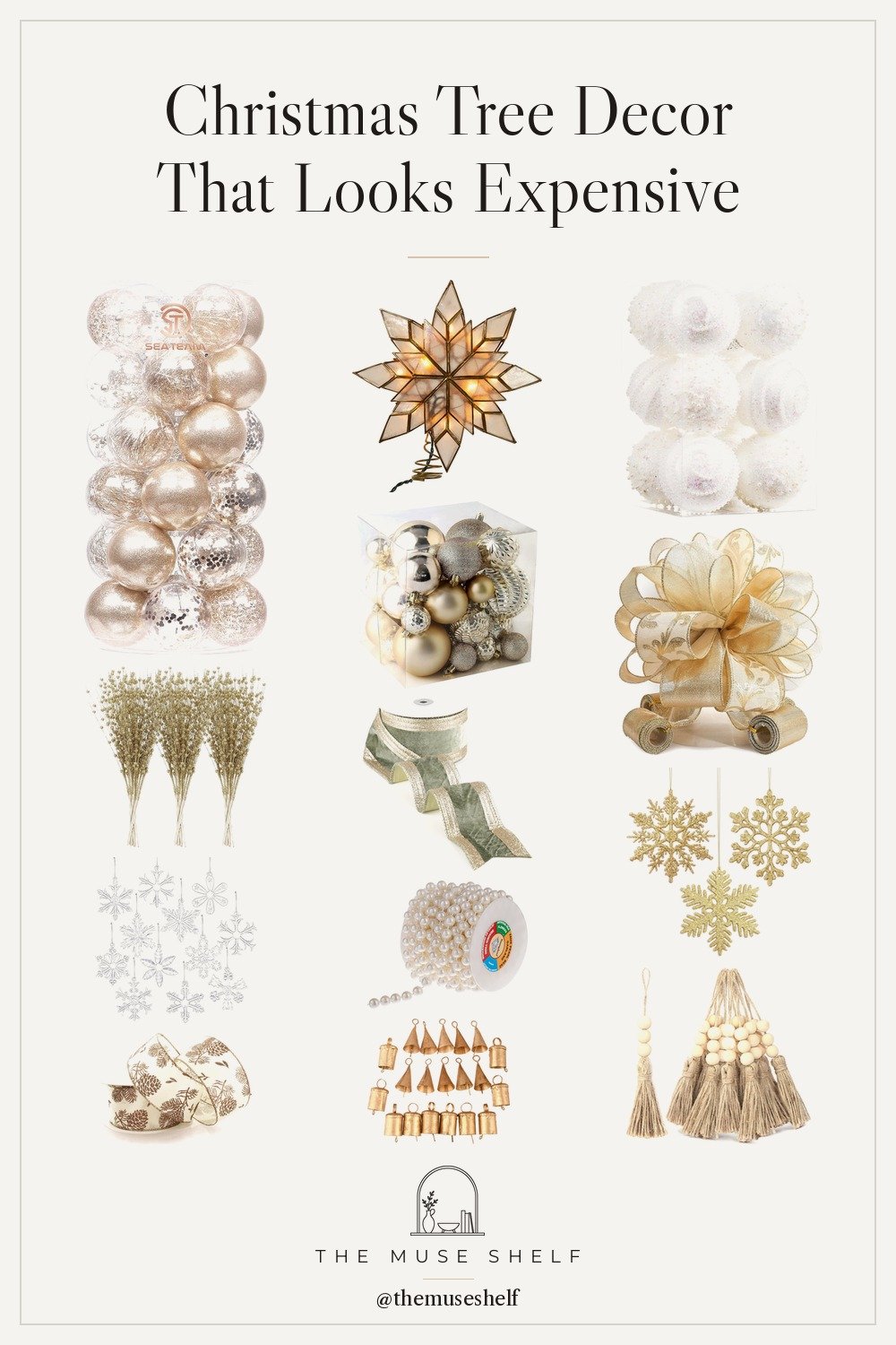 Collage of neutral Christmas tree decor from Amazon: champagne ball ornaments, capiz star tree topper, pearl garland, velvet ribbon, gold picks and snowflake ornaments