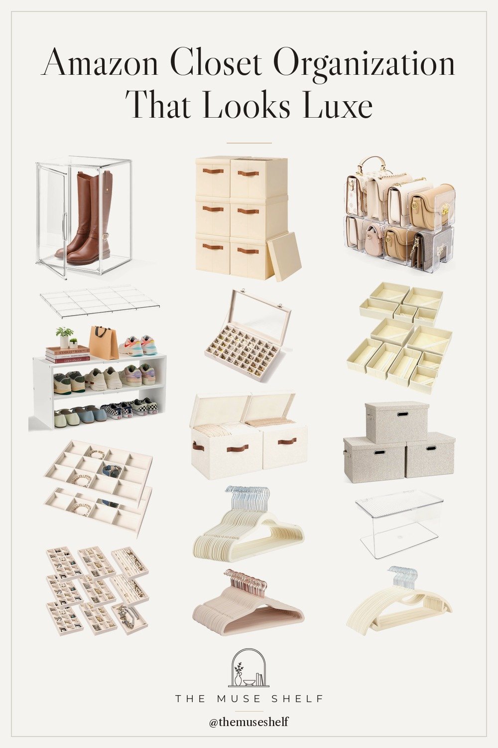 Collage of closet organization finds from Amazon: ivory velvet hangers, cream lidded fabric bins, clear shoe display box, acrylic purse organizer and velvet jewelry trays