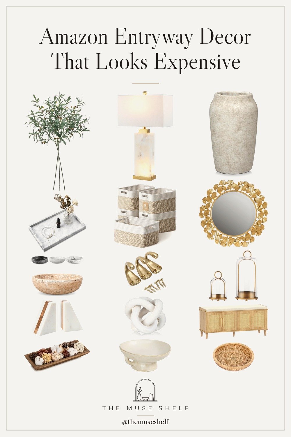 Collage of entryway decor from Amazon: gold ginkgo leaf mirror, alabaster table lamp, rattan shoe bench, marble tray, travertine bowl and brass hooks on a linen background
