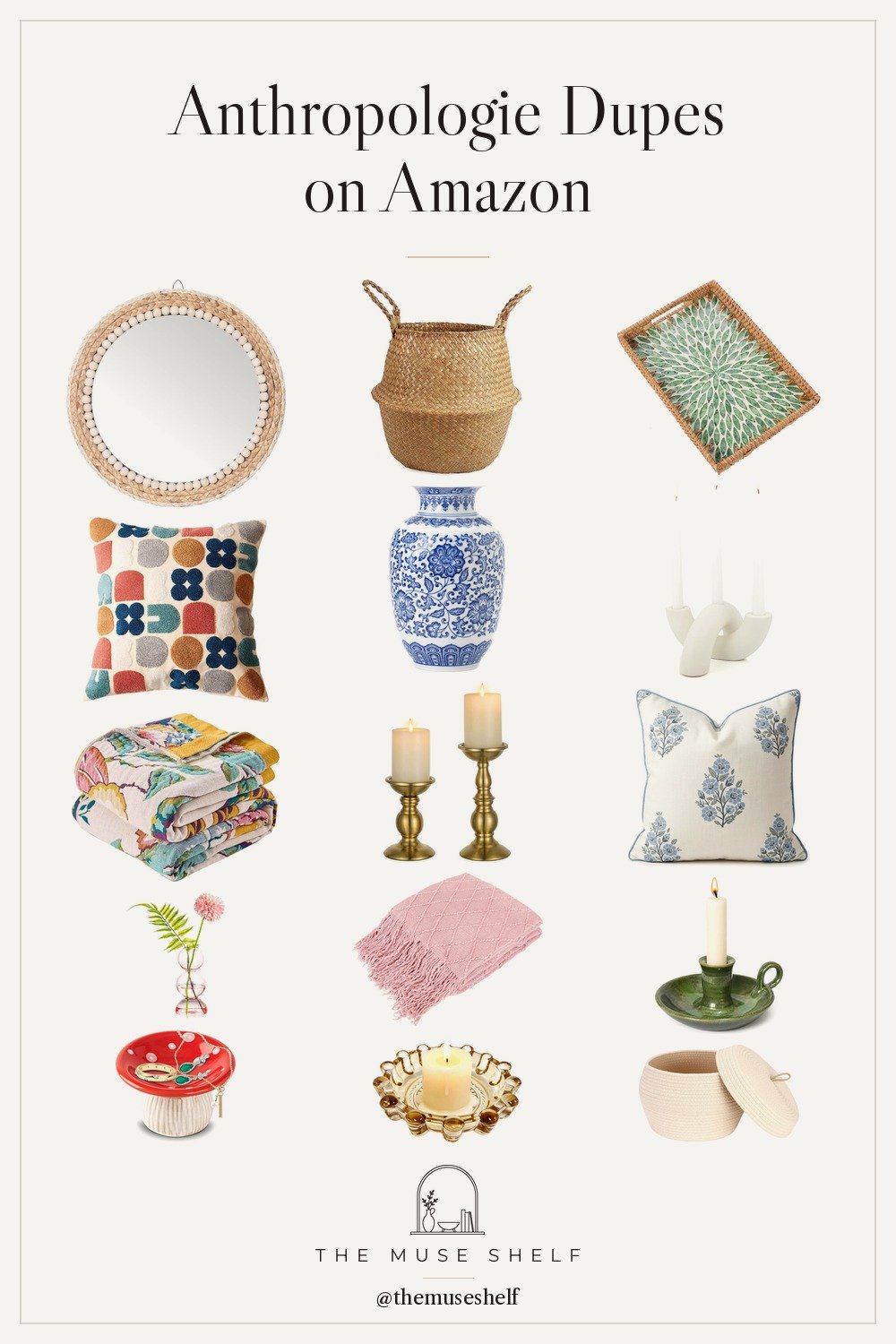 Collage of boho Amazon home decor on a linen background: rattan beaded mirror, tufted and block print pillow covers, floral throw, seagrass basket, amber and green candle holders, mushroom ring dish, blue and white ginger jar, pink bud vase, brass candle holders, mother of pearl tray, rope basket and pink knit throw.