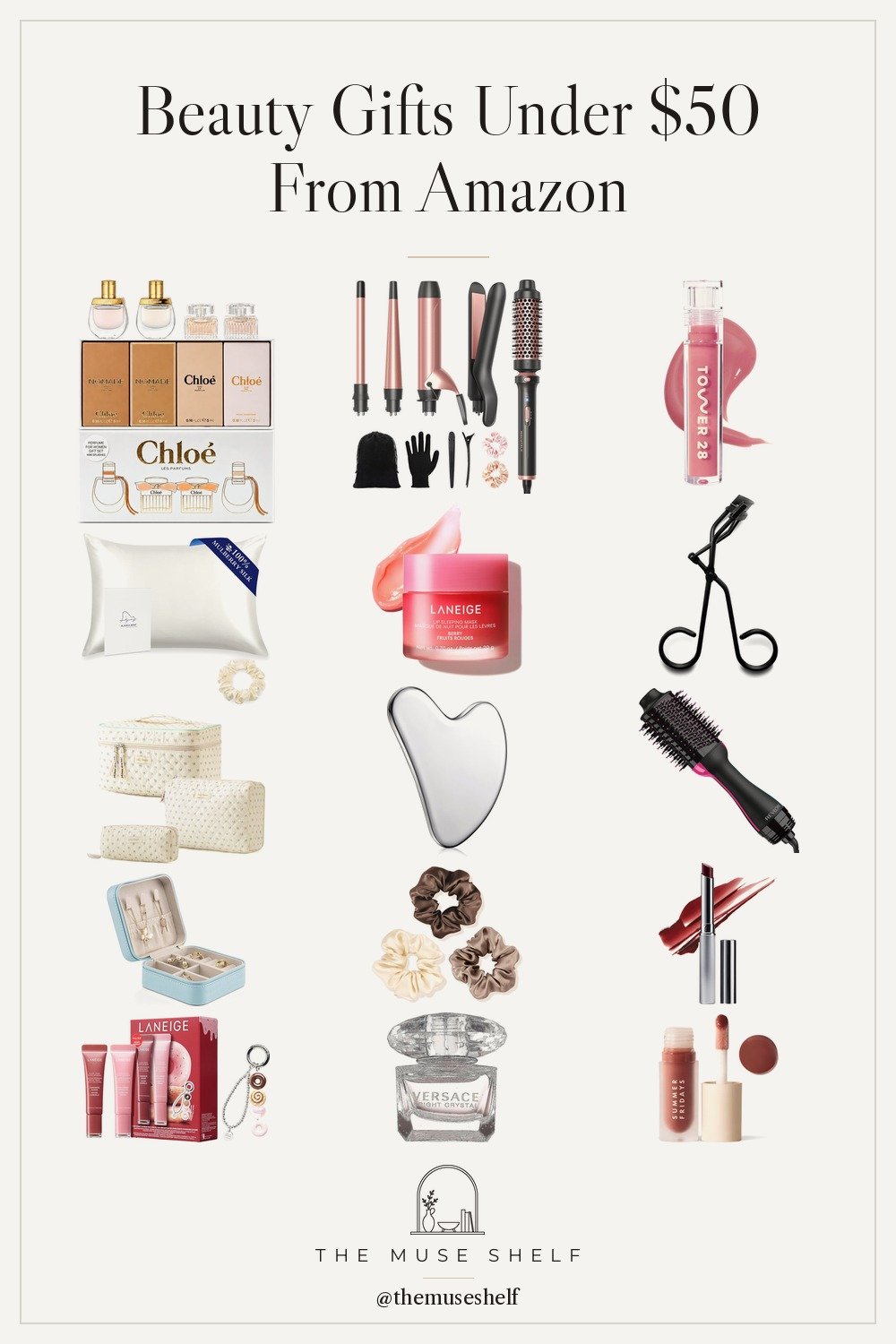 Collage of affordable beauty gifts from Amazon: Chloé mini perfume set, Laneige lip mask, silk pillowcase, silk scrunchies, Revlon hair dryer brush and lip products