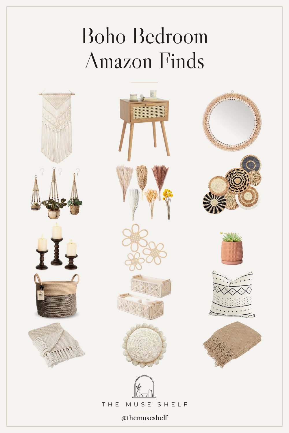 Collage of boho Amazon bedroom decor on a linen background: rattan beaded mirror, macrame wall hanging, pampas grass, fringe and knit throws, beaded terracotta pot, macrame plant hangers, rattan cane nightstand, macrame and jute baskets, pom pom pillow, mud cloth pillow cover, woven wall baskets, wood daisy wall decor and wood candle holders.
