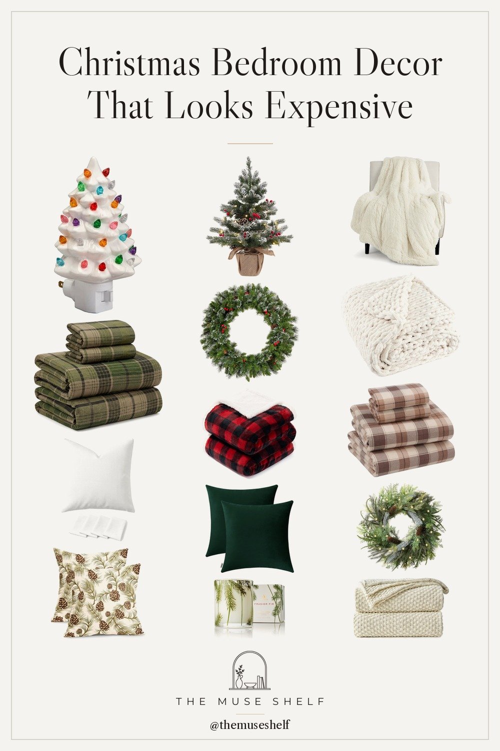 Collage of Christmas bedroom decor from Amazon: olive and beige plaid flannel sheets, cream chunky knit and faux fur throws, dark green velvet pillows, pine cone pillow covers, a snowy mini tree, a white ceramic tree, pre-lit wreaths and a Frasier Fir candle