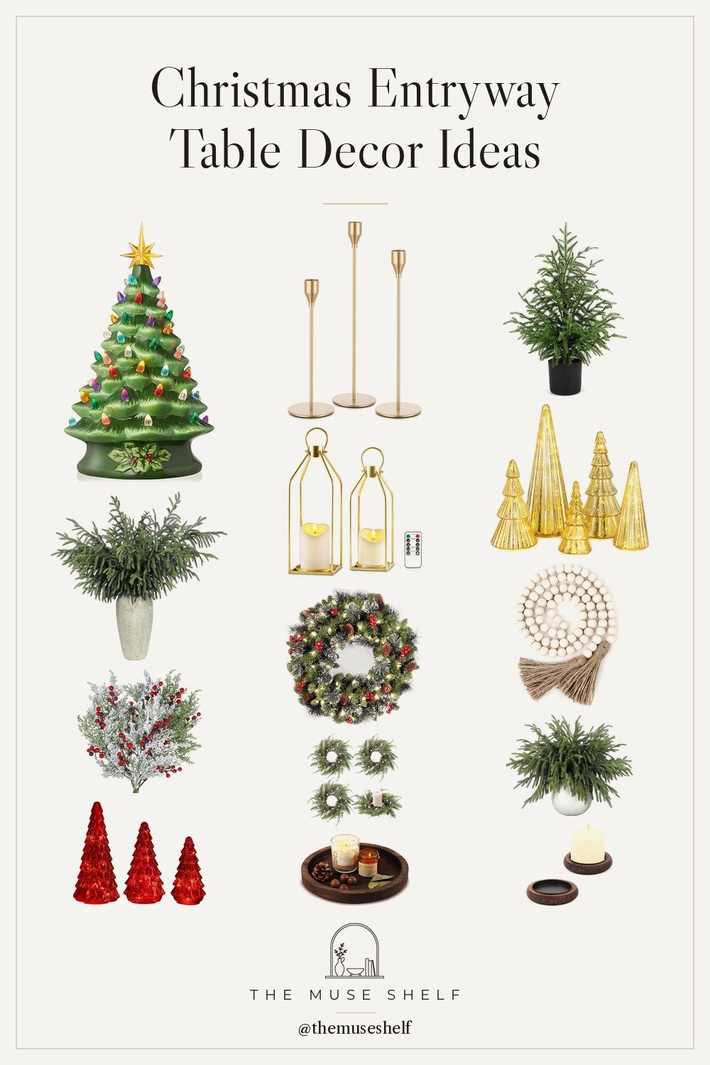 Collage of Christmas entryway table decor from Amazon: gold mercury glass trees, a hand painted ceramic Christmas tree, gold taper candle holders, gold lanterns, Norfolk pine branches, a lit spruce wreath and a round wooden tray