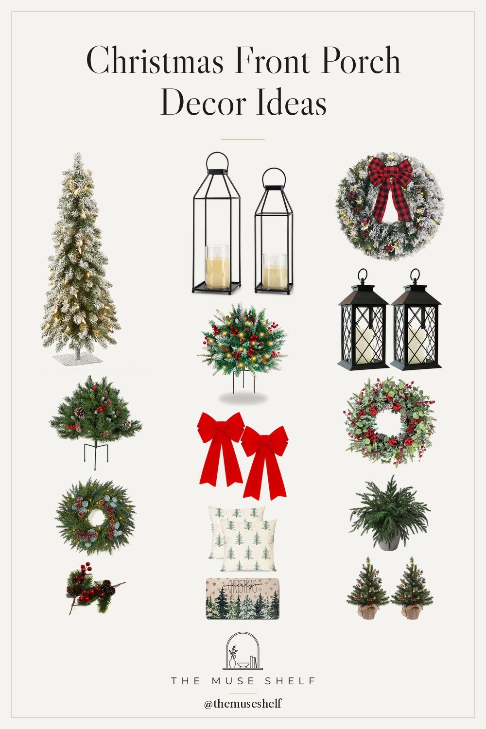 Collage of Christmas front porch decor from Amazon: a pre-lit snowy wreath with a buffalo plaid bow, black candle lanterns, a lit frosted urn filler, a slim flocked tree, red velvet bows, pine stems and a pine tree door mat