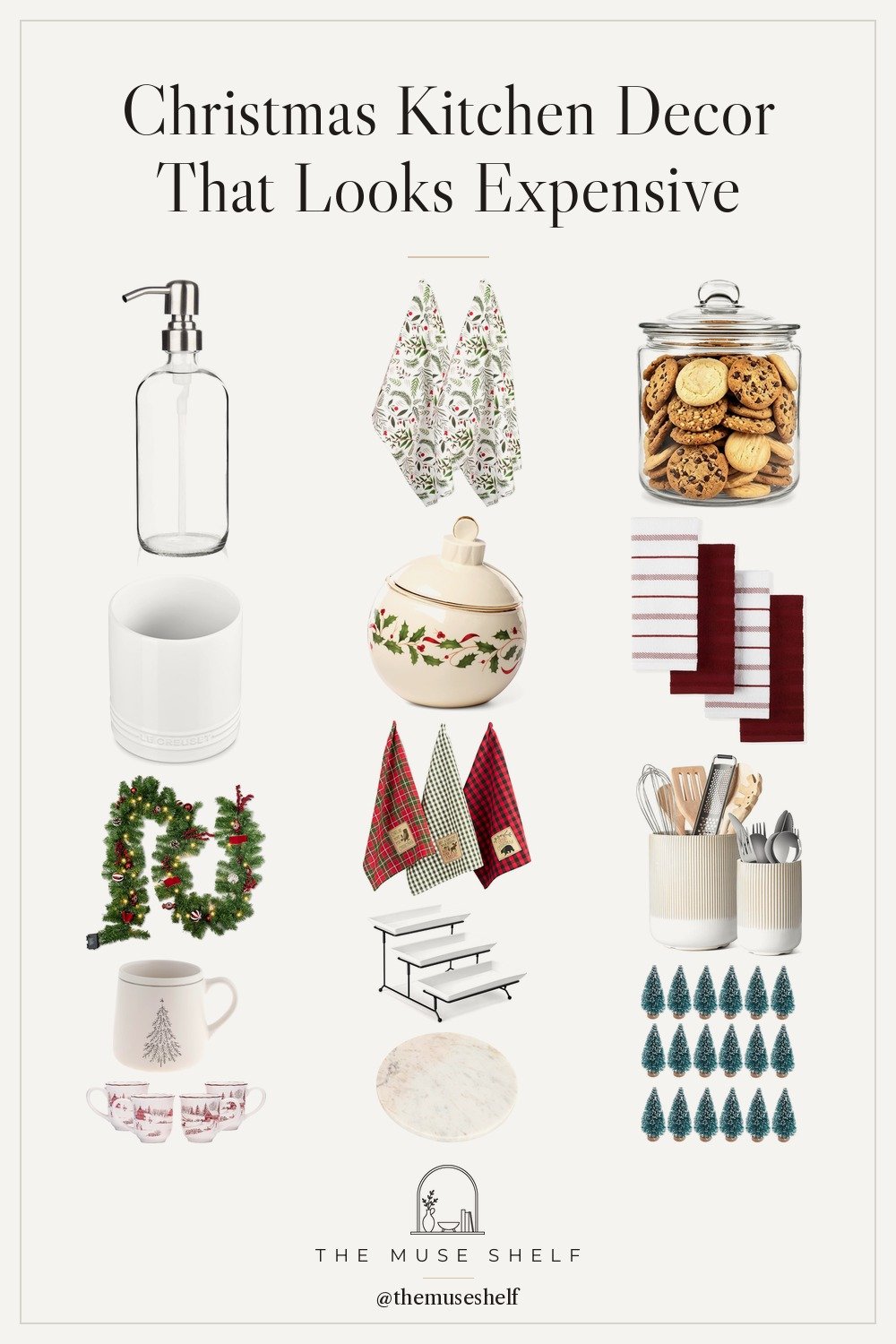 Collage of Christmas kitchen decor from Amazon: Lenox Holiday ornament candy jar, plaid and holly tea towels, toile winter mugs, Le Creuset utensil crock, glass cookie jar, round marble board, pre-lit garland and mini bottle brush trees
