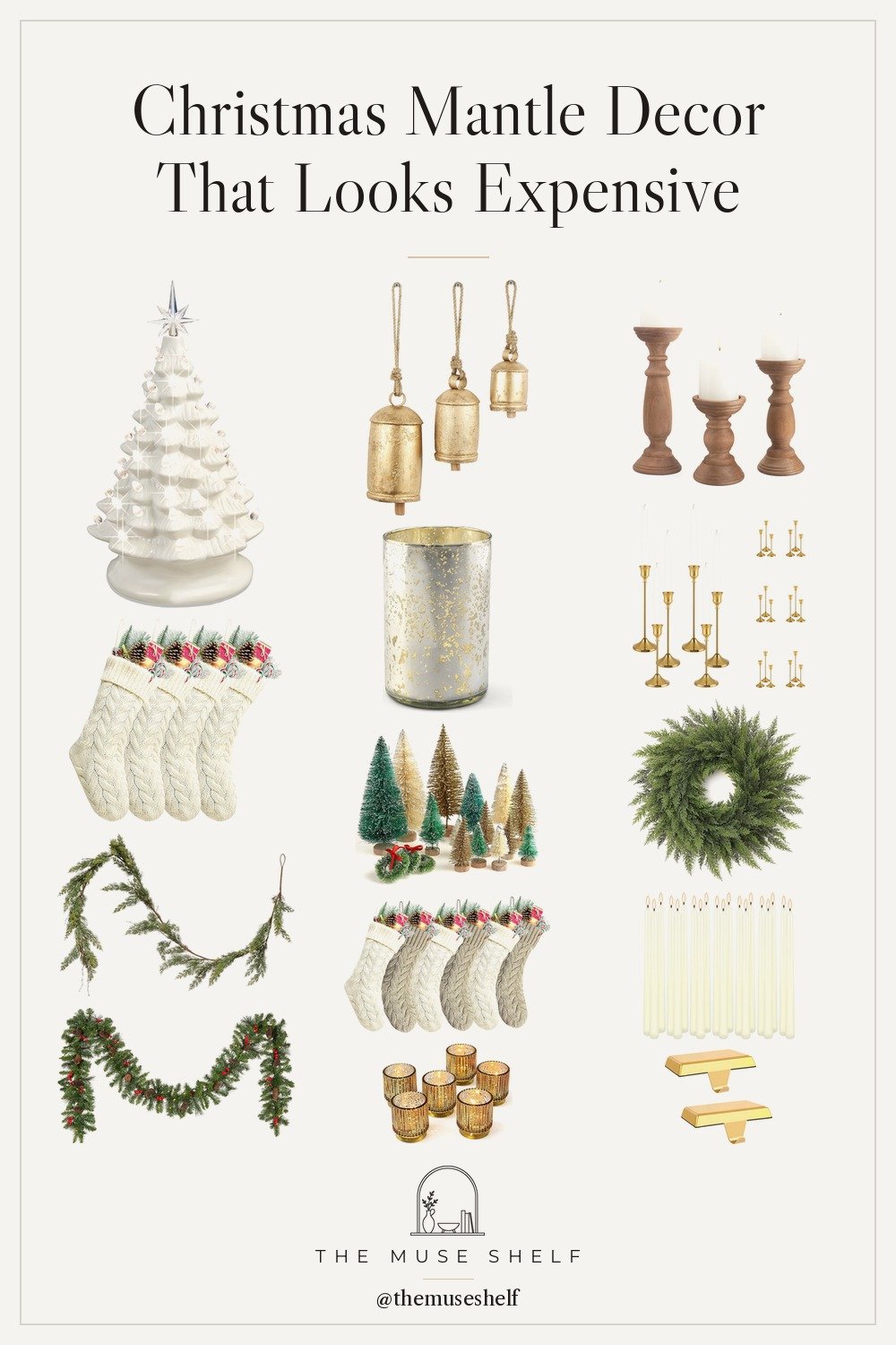 Collage of Christmas mantle decor from Amazon: faux cedar garland, khaki and ivory knit stockings, brass candlesticks with ivory tapers, a white ceramic Christmas tree, a cedar wreath, gold bells and mercury glass votives