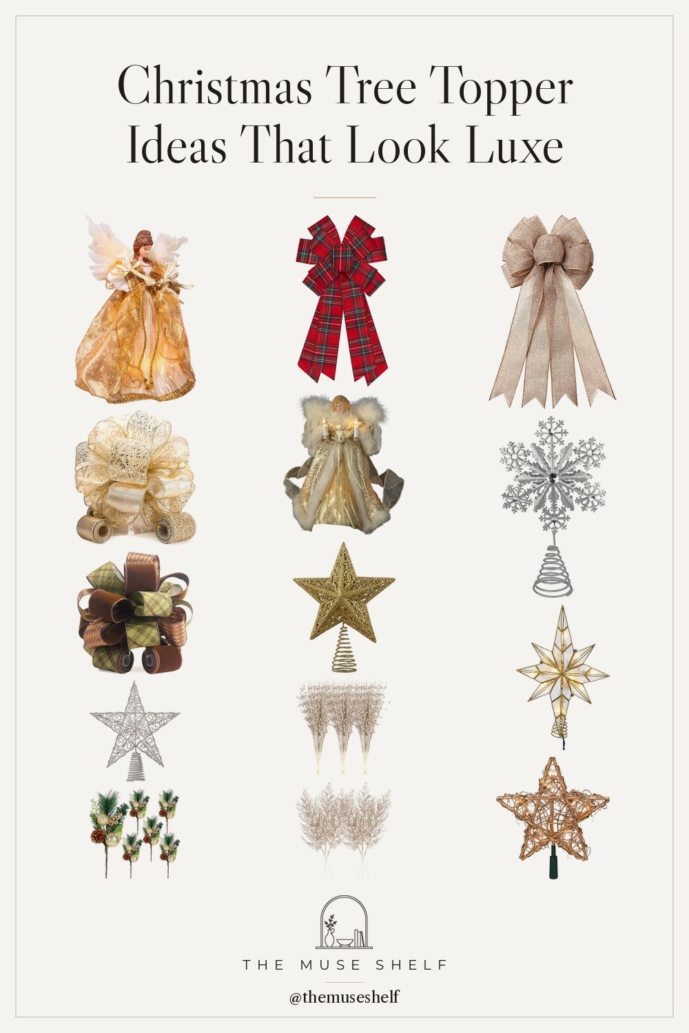 Collage of Christmas tree toppers from Amazon: a champagne gold ribbon topper bow, velvet plaid bow, gold leaf star, capiz Bethlehem star, rattan star, ivory and gold angels, a silver snowflake and champagne glitter sprays