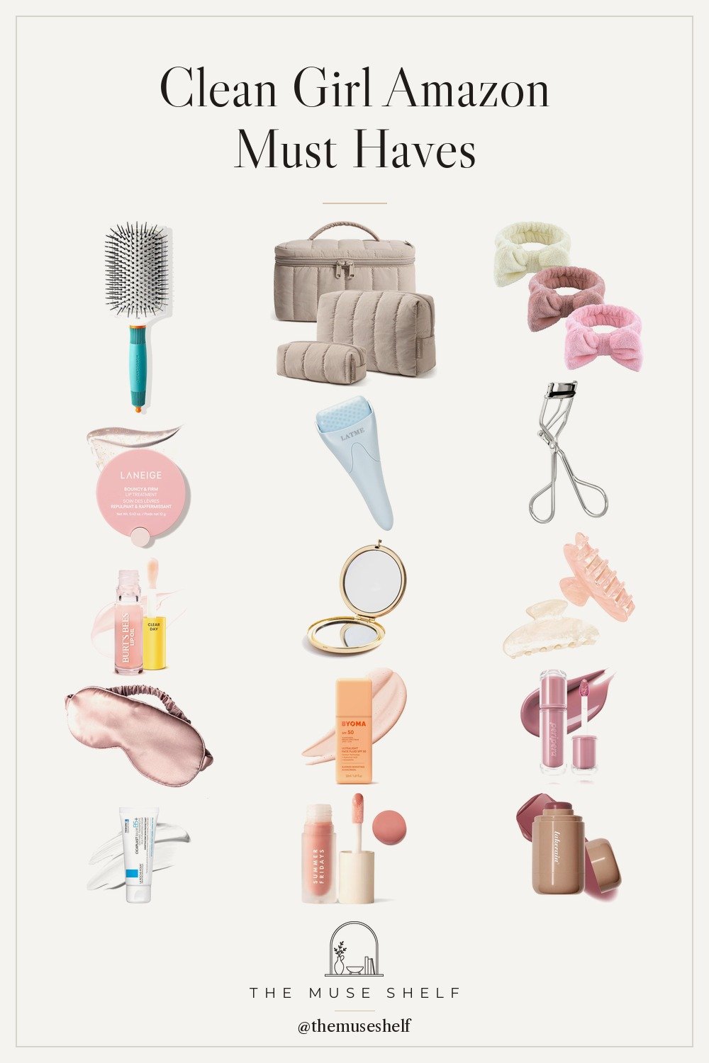 Collage of clean girl Amazon beauty products on a linen background: Laneige lip balm, Burt's Bees and Summer Fridays lip oils, claw clips, cream blush stick, spa headbands, puffy makeup bags, gold compact mirror, ice roller, eyelash curler, paddle brush, silk sleep mask, SPF fluid, Cicaplast balm and a glowy lip tint.
