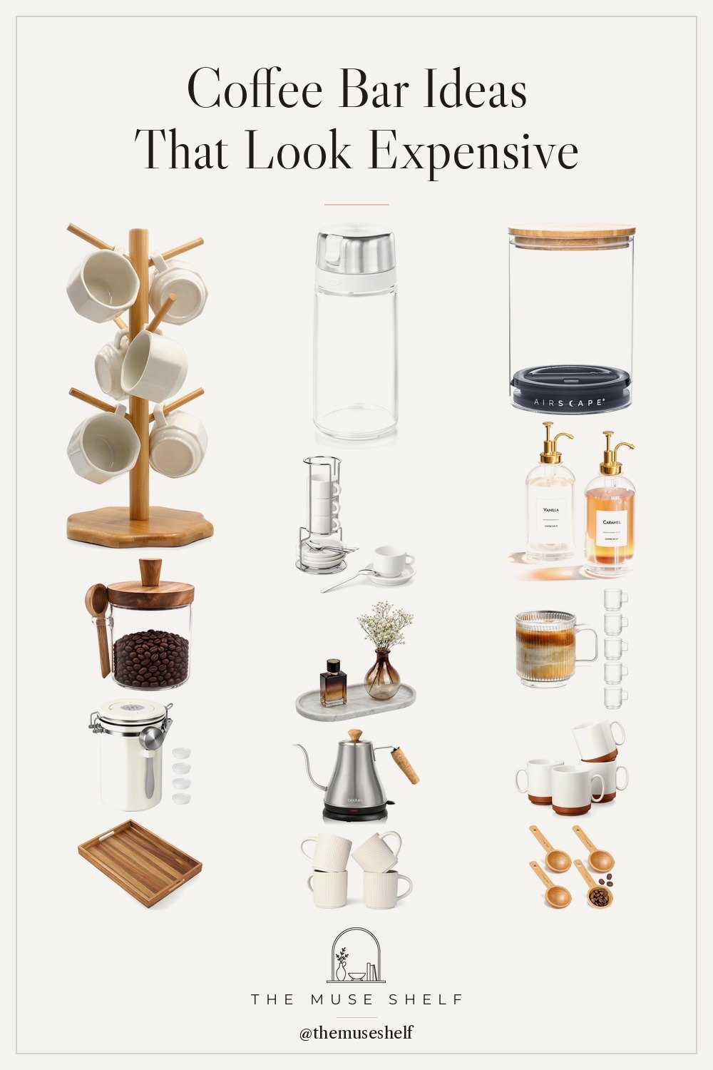 Collage of coffee bar ideas from Amazon: a glass coffee bean jar with an acacia lid, a bamboo mug tree, glass syrup bottles with gold pumps, ribbed glass mugs, a marble tray, a gooseneck kettle and white ceramic mugs
