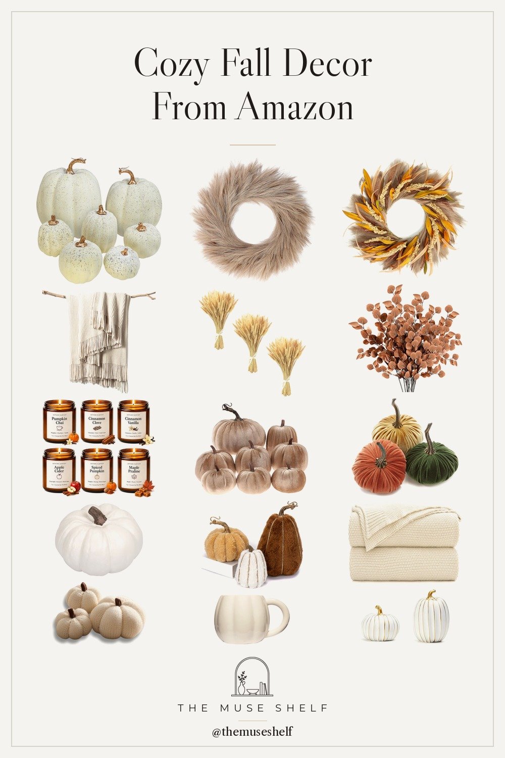 Collage of neutral fall decor from Amazon: cream faux pumpkins, pampas grass wreath, velvet pumpkins, dried wheat, fall candles, knit throws and a pumpkin mug