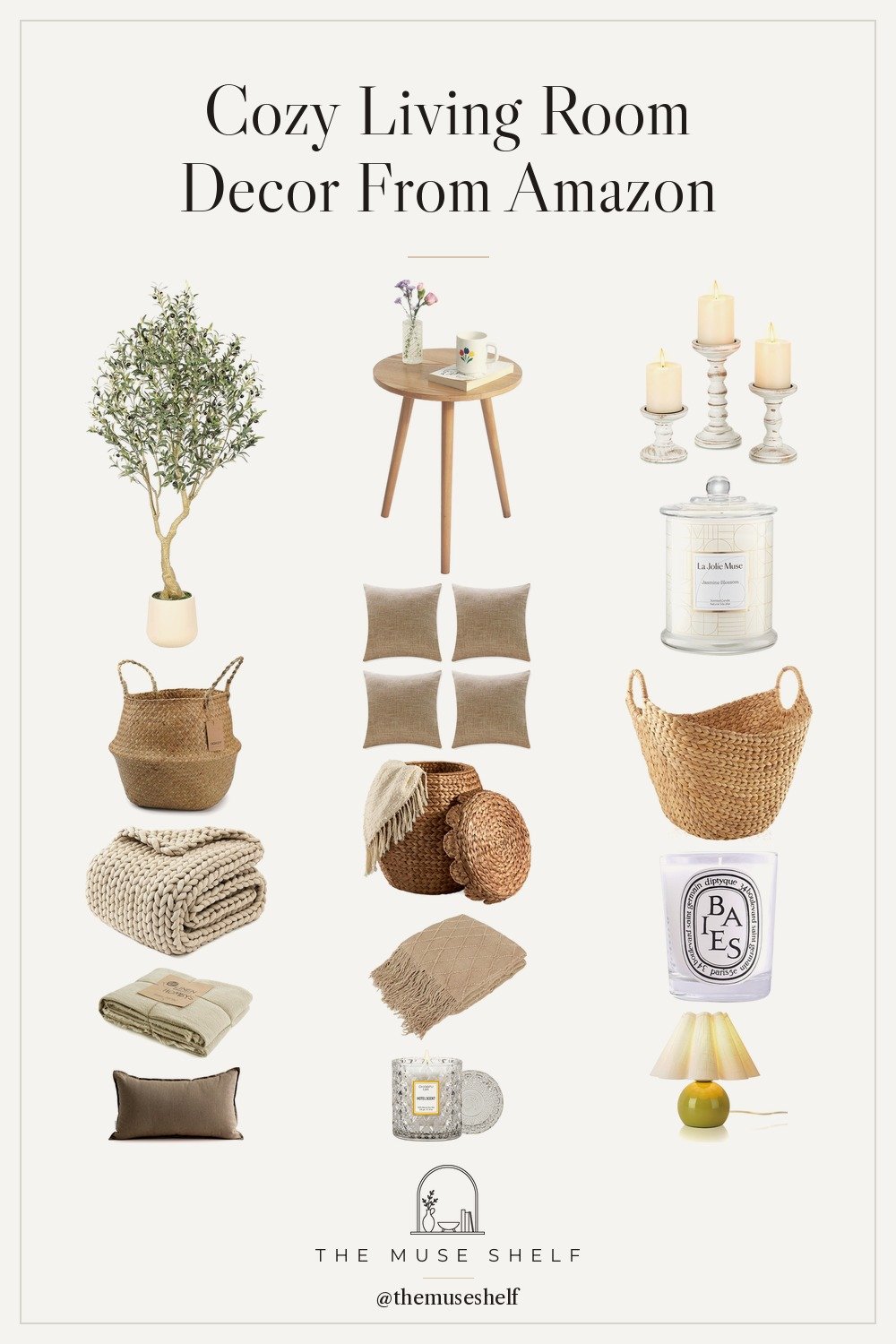 Collage of cozy living room decor from Amazon: chunky knit throw, linen pillow covers, olive green mini lamp, scented candles, woven baskets and a faux olive tree