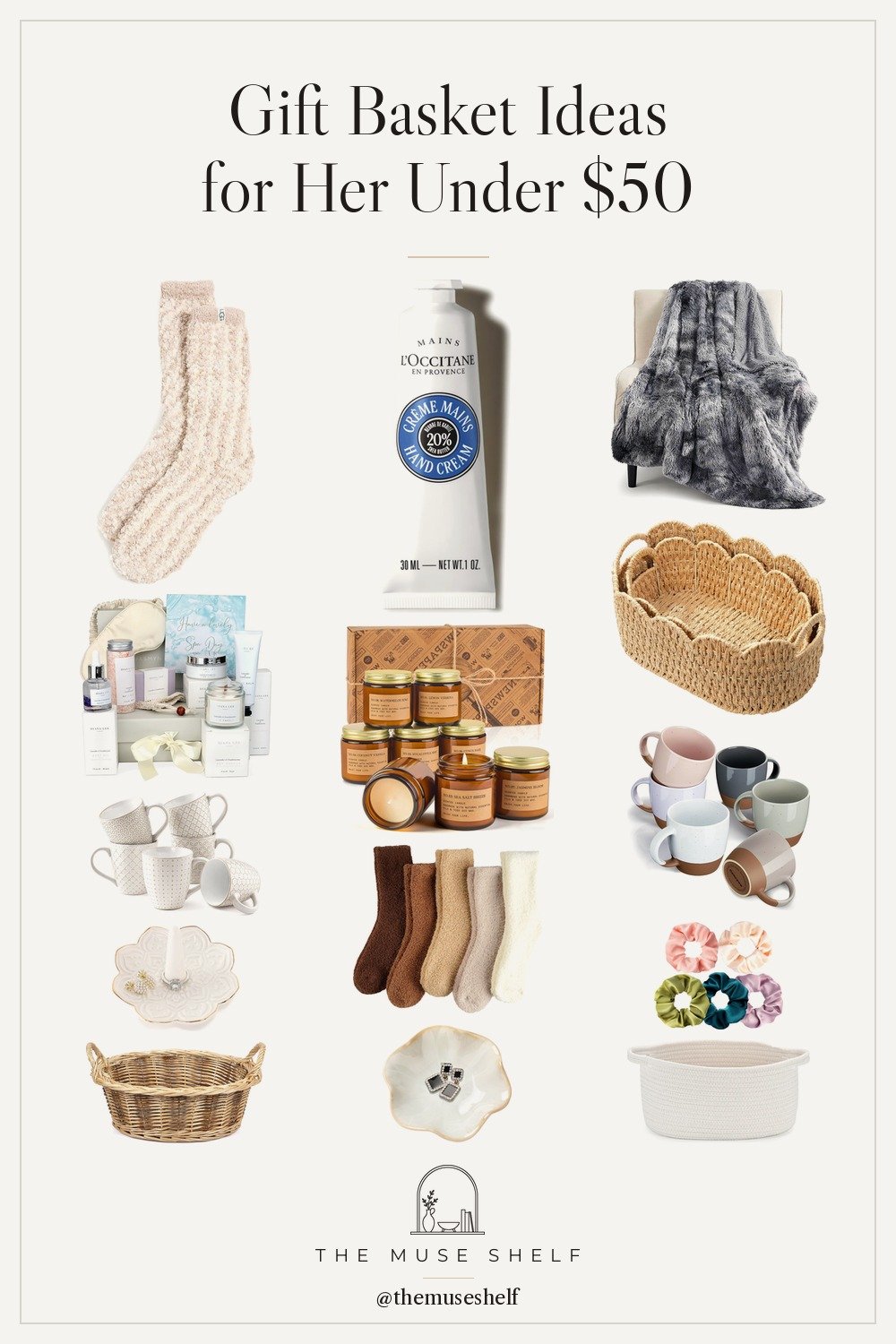 Collage of gift basket ideas for her from Amazon: a scalloped woven basket, amber jar candles, cream chenille socks, white porcelain mugs, shea hand cream, a gray faux fur throw, a lavender spa set, ceramic ring dishes and silk scrunchies
