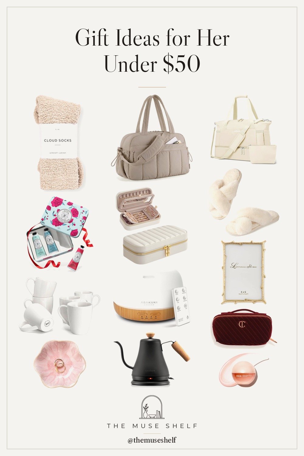 Collage of affordable Amazon gift ideas for her on a linen background: cloud socks, faux fur slippers, puffy tote, essential oil diffuser, cream duffel bag, travel jewelry case, white porcelain mugs, gold picture frame, hand cream trio, pink flower dish, gooseneck kettle, lip mask and a velvet makeup bag.