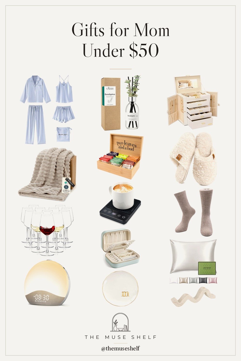 Collage of gifts for mom from Amazon: jewelry box, faux fur throw, pajama set, sunrise alarm clock, marble candle holder, reed diffuser, sherpa slippers, tea sampler, cashmere socks, mug warmer and silk pillowcase