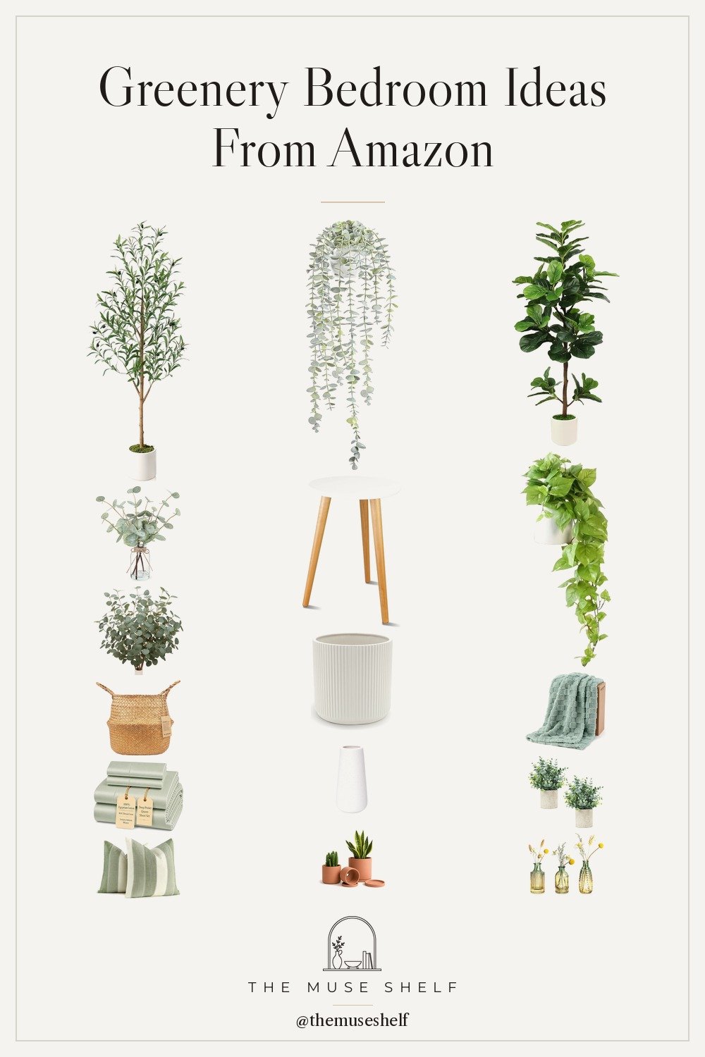 Collage of greenery bedroom ideas from Amazon: faux olive tree, faux fiddle leaf fig, eucalyptus stems in a glass vase, hanging pothos, seagrass basket, fluted planter, sage green sheets, sage stripe pillow covers and a sage throw