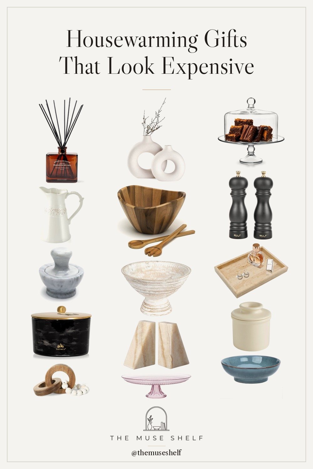 Collage of housewarming gifts from Amazon: Archipelago reed diffuser, travertine tray, marble bookends, glass cake stand, acacia bowl, white ceramic vases and a Thymes Noir candle