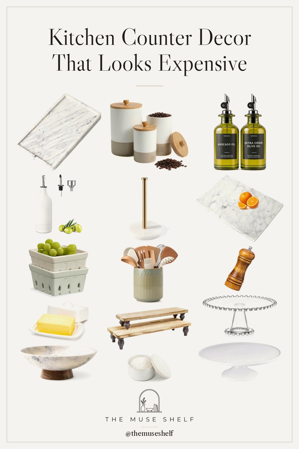 Collage of Amazon kitchen counter decor on a linen background: ceramic canisters with bamboo lids, marble cutting board, marble bowl on an acacia pedestal, marble paper towel holder, ceramic oil bottle, ribbed utensil crock, salt cellar, wood risers, marble tray, porcelain and beaded glass cake stands, butter dish, pepper mill, green glass oil bottles and ceramic berry baskets.