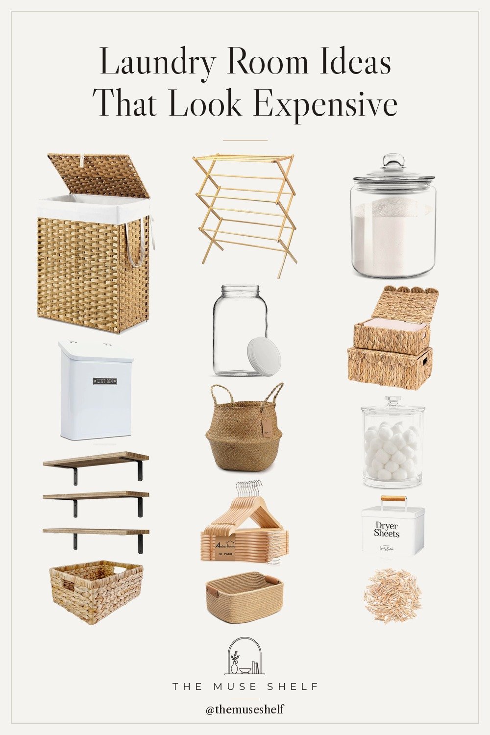 Collage of laundry room organization from Amazon: a wooden drying rack, a lidded wicker laundry hamper, glass jars with lids, scalloped wicker baskets, a white lint bin, seagrass baskets, floating shelves and wooden hangers