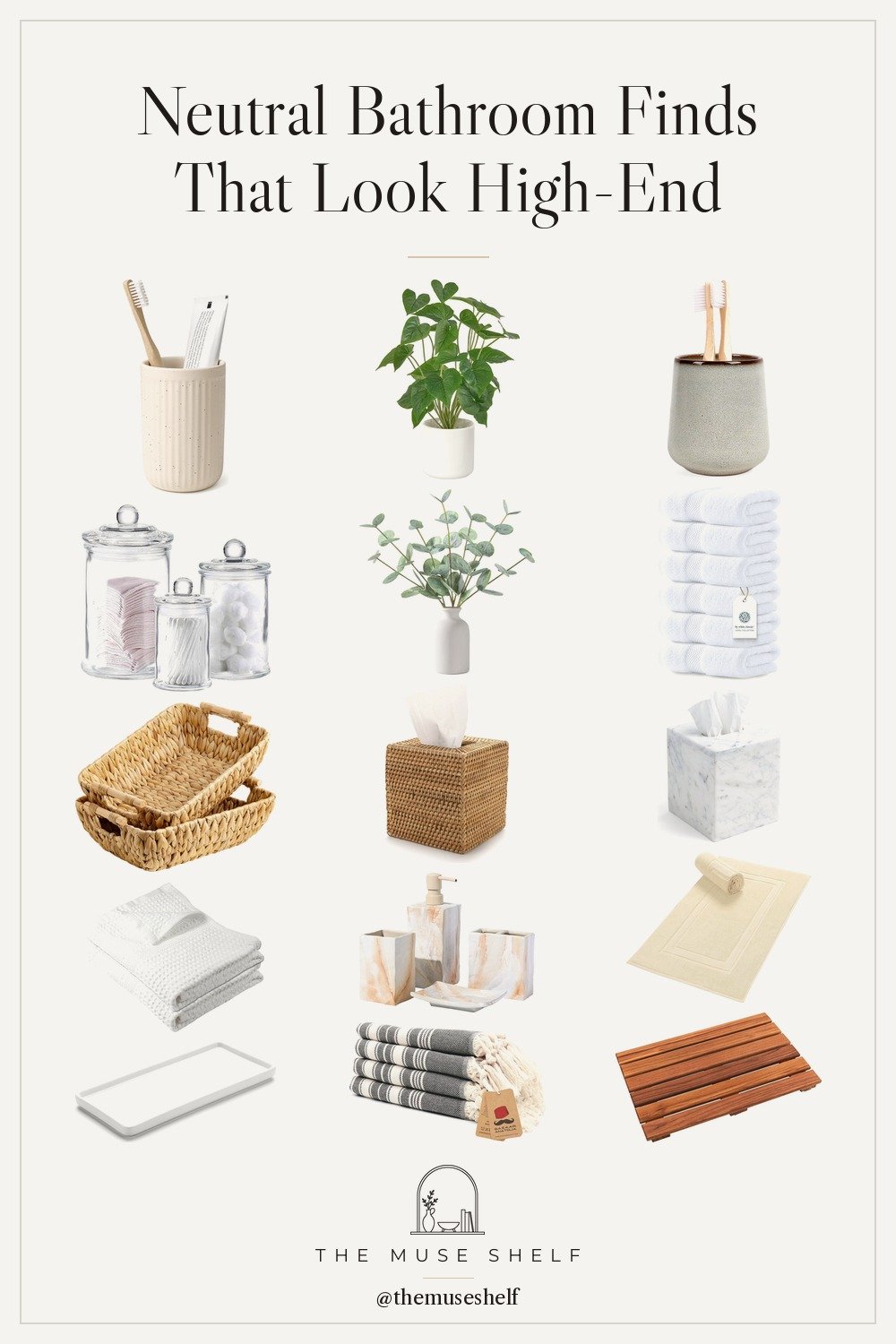 Collage of neutral Amazon bathroom decor on a linen background: marble-look accessory set, white ceramic vanity tray, white and striped Turkish towels, teak shower mat, ceramic toothbrush holders, glass apothecary jars, faux plants, rattan and marble tissue box covers, woven baskets, waffle towels and cotton bath mats.
