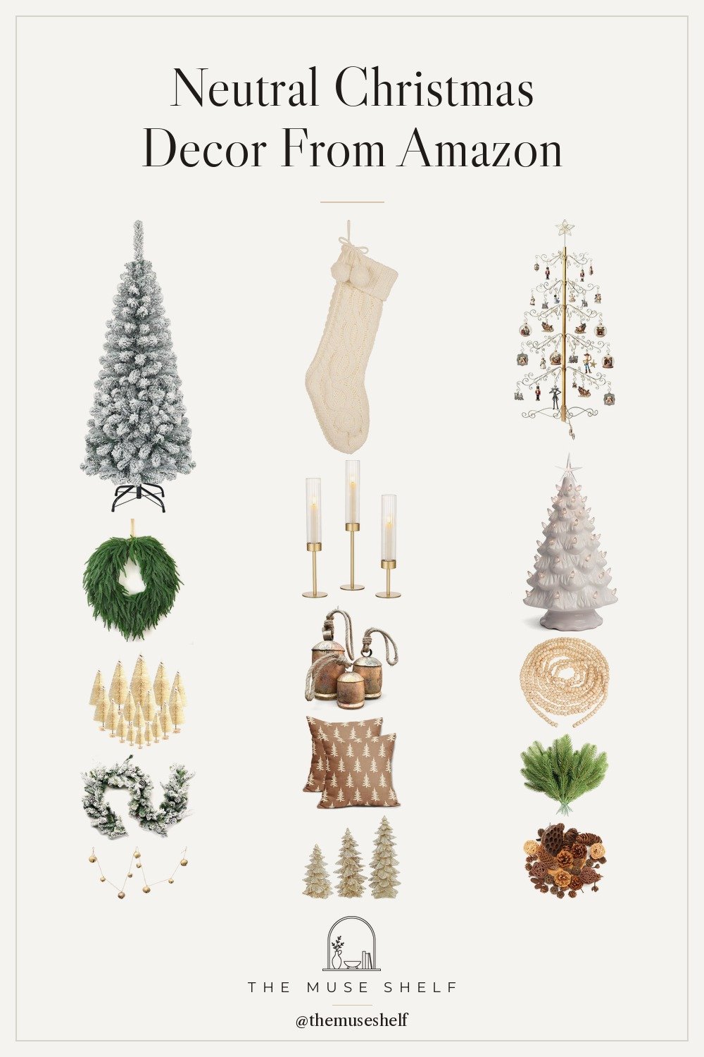 Collage of neutral Christmas decor from Amazon: flocked tree, cream knit stocking, ceramic tree, gold hurricane candle holders, wreath and wood bead garland on a linen background