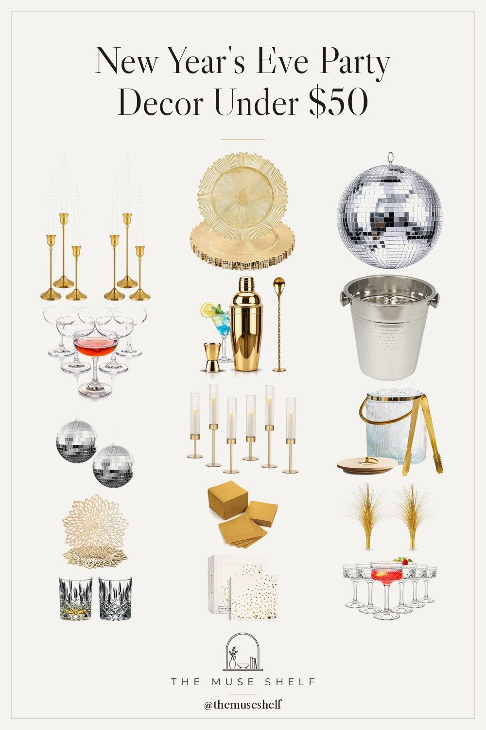 Collage of New Year's Eve party decor from Amazon: crystal and ribbed coupe glasses, a mirror disco ball, a ribbed glass ice bucket, a hammered champagne bucket, gold taper and hurricane candle holders, gold napkins, a gold cocktail shaker, gold chargers and gold spray centerpieces