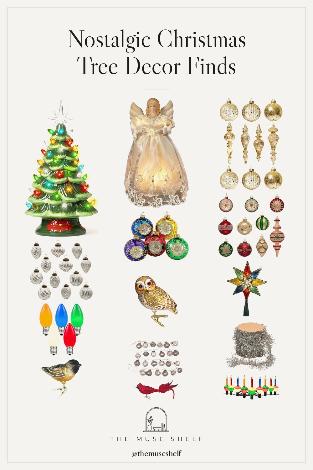 Collage of nostalgic Christmas tree decor from Amazon: a green vintage ceramic Christmas tree, glass reflector ornaments, an ivory and gold angel topper, mercury glass ornaments, C9 bulbs, glass bird clip ornaments, tinsel and bubble lights