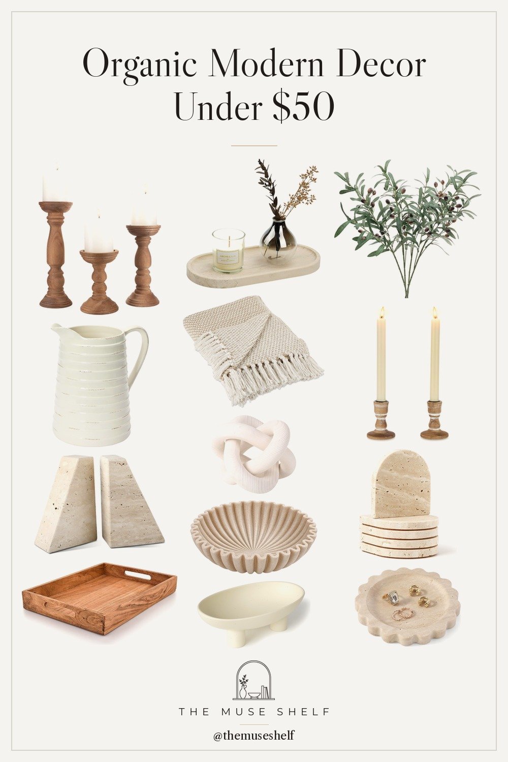 Collage of affordable organic modern Amazon decor on a linen background: faux olive branches, ribbed ceramic pitcher, fluted bowl, arched travertine coasters, travertine bookends, wood candle holders, fringe throw, carved wood knot, acacia tray, footed ceramic bowl, travertine trinket dish and vanity tray.
