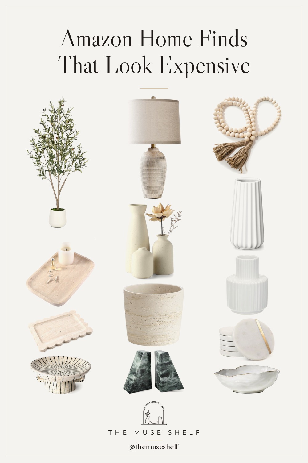 Collage of neutral Amazon home decor: ribbed ceramic lamp, faux olive tree, wood bead garland, beige vases, travertine trays and pot, white ribbed vases, marble coasters, green marble bookends and ceramic bowls on a linen background.