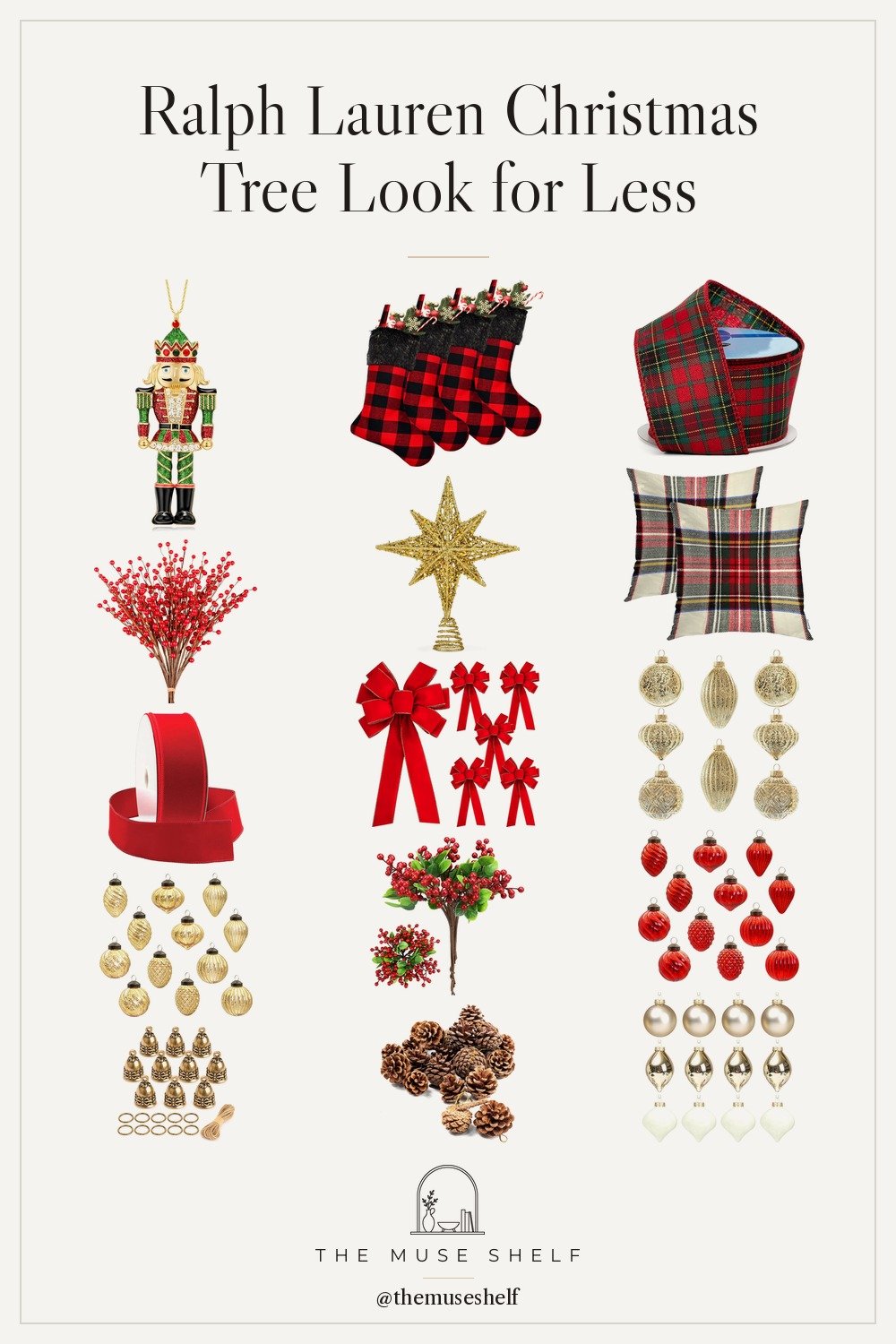 Collage of Ralph Lauren Christmas tree look for less finds from Amazon: tartan wired ribbon, red velvet bows, antiqued gold and red glass ornaments, mercury glass ornaments, a nutcracker ornament, berry picks, pinecones, brass bells, plaid stockings and a gold star topper
