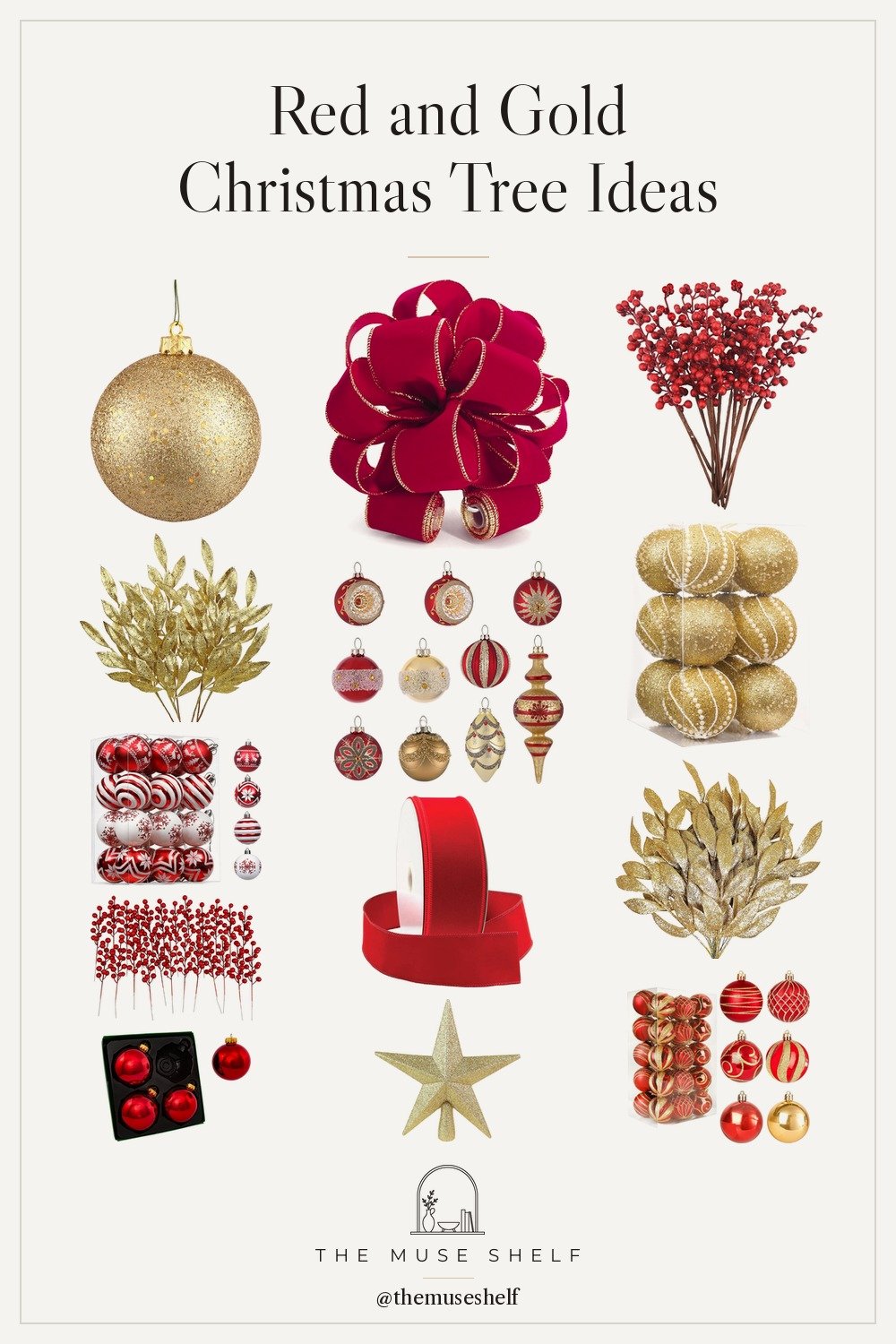 Collage of red and gold Christmas tree decor from Amazon: a red velvet topper bow, gold sequin balls, red and gold glass ornaments, red velvet ribbon, burgundy berry stems, gold glitter leaf sprays and gold star toppers