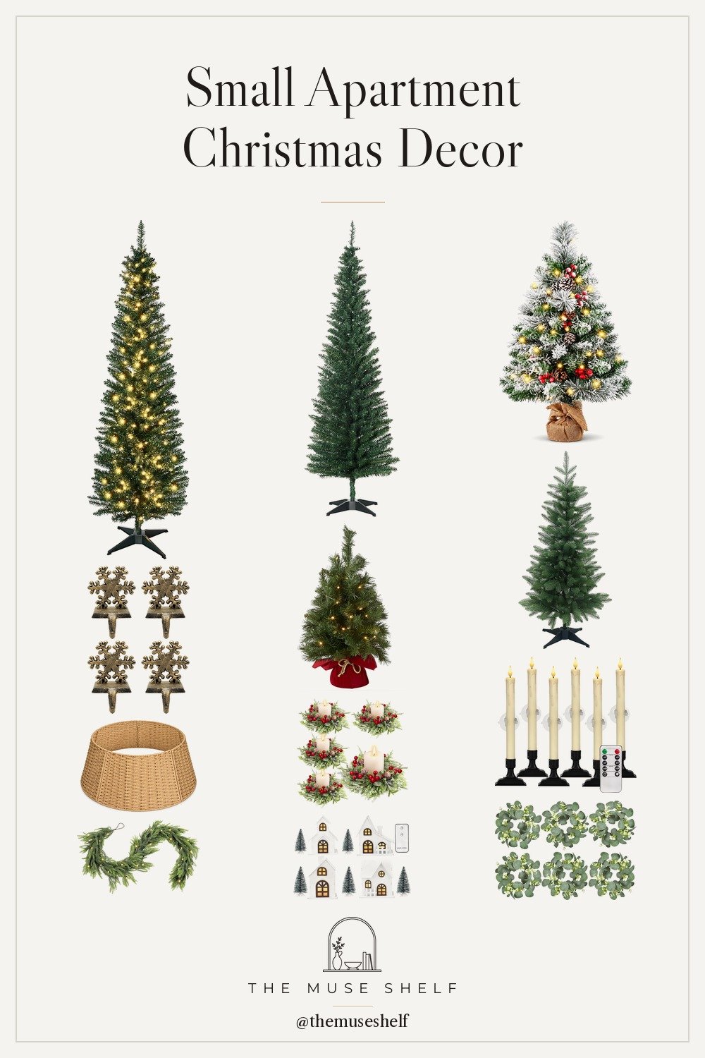 Collage of small apartment Christmas decor from Amazon: a pre-lit slim pencil Christmas tree, a snowy tabletop tree, a mini lit fir tree, window candles, mini eucalyptus wreaths, a woven tree collar and white Christmas village houses