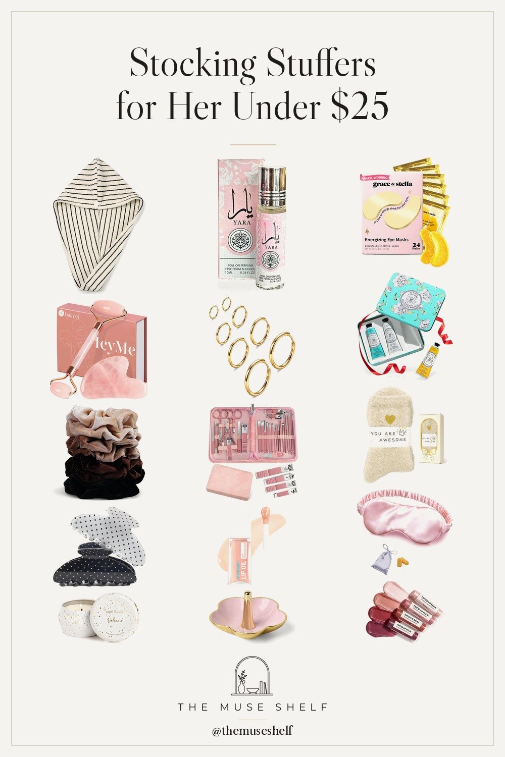 Collage of stocking stuffers for her from Amazon: hair towel, roll-on perfume, eye patches, rose quartz roller, gold huggie hoops, velvet scrunchies, claw clips and a silk sleep mask