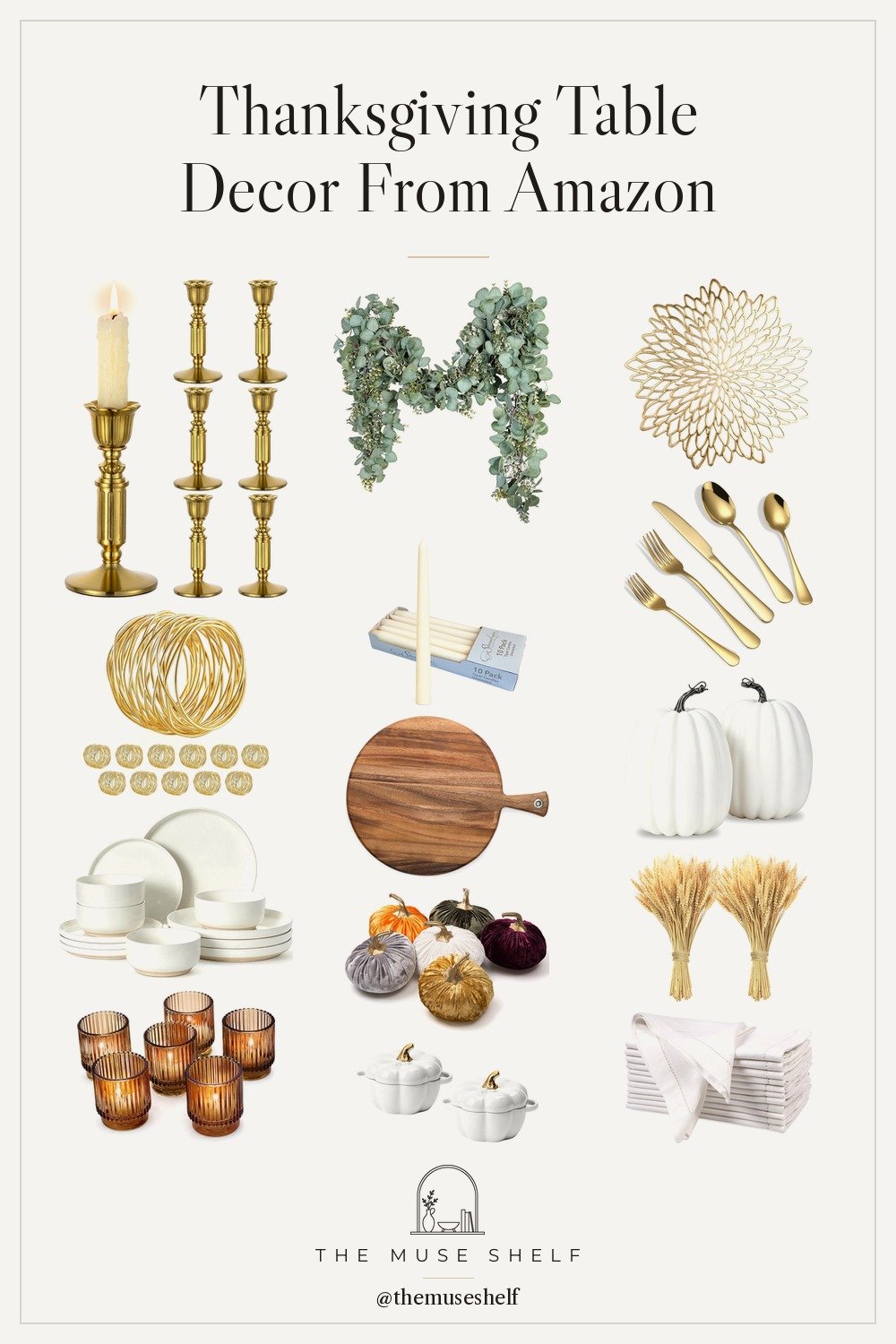 Collage of Thanksgiving table decor from Amazon: brass candlesticks, eucalyptus garland, gold placemats, gold flatware, velvet pumpkins, white dinnerware and amber votives