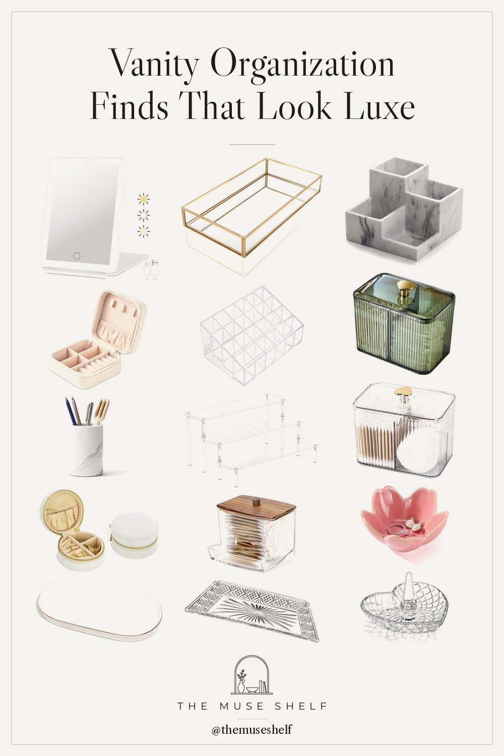 Collage of Amazon vanity organizers on a linen background: LED travel mirror, gold mirrored tray, marble-look makeup organizer, marble brush cup, clear and green fluted acrylic holders, acrylic swab jar, flower and crystal ring dishes, travel jewelry cases, acrylic riser, lipstick organizer, crystal tray and white oval ceramic tray.