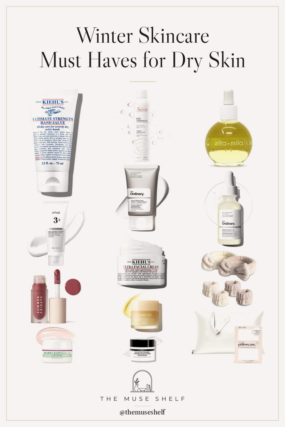Collage of winter skincare must haves from Amazon: an ivory satin pillowcase, Kiehl's Ultra Facial Cream, LANEIGE Lip Sleeping Mask, Avene thermal water, a tinted lip oil, ceramide moisturizers, hyaluronic acid serum, cuticle oil and a spa headband