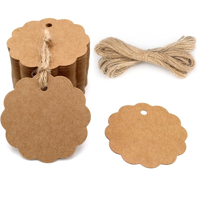 Scalloped round kraft tags with twine