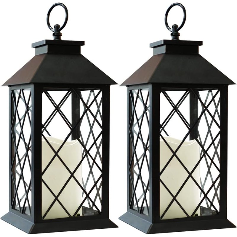 Vintage black candle lanterns with LED pillars, 2 pack