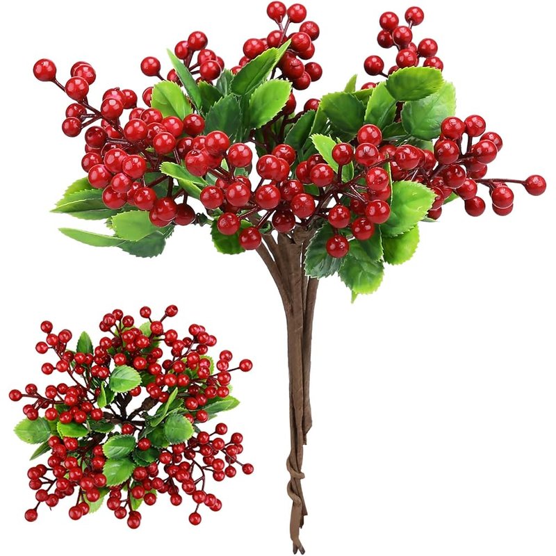Red berry picks with holly leaves