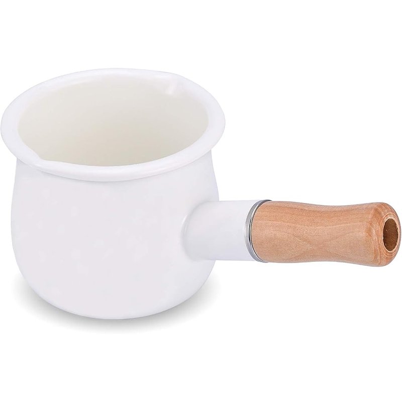 White enamel milk pot with wood handle