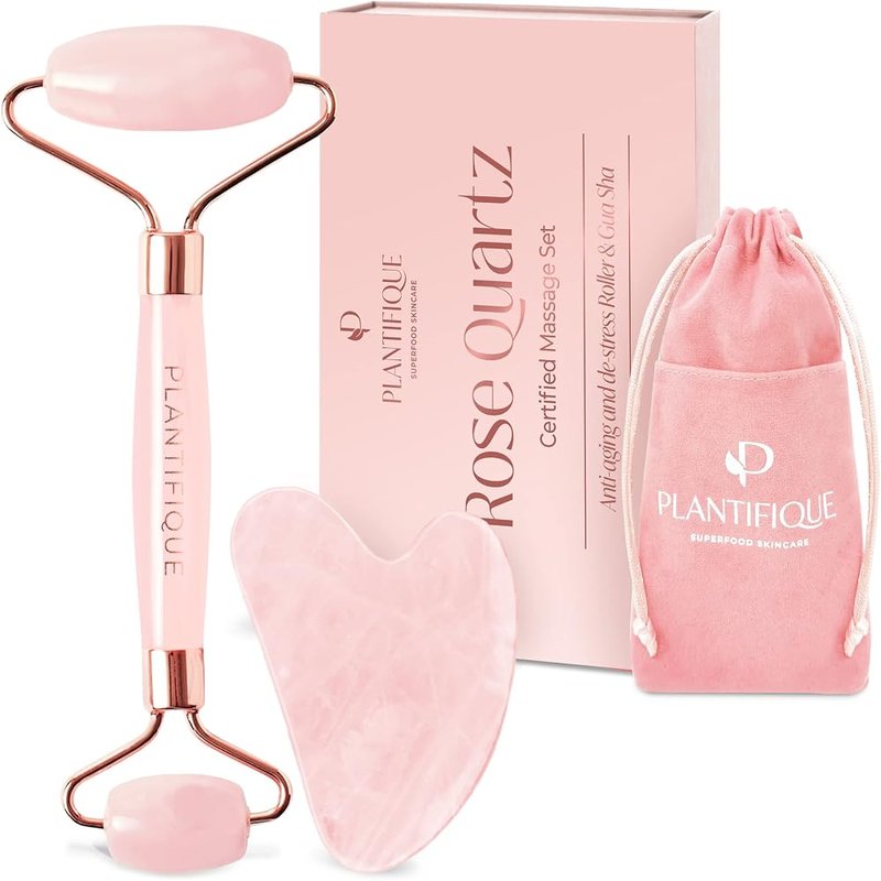 Rose quartz roller and gua sha set