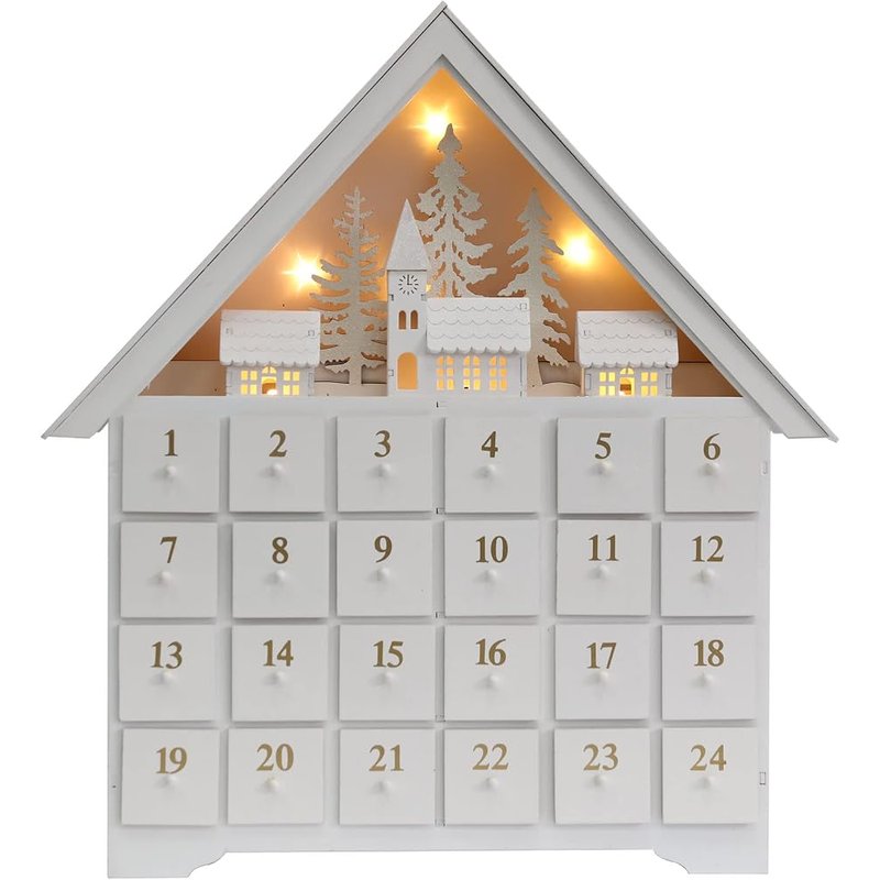White wooden advent calendar house with lights
