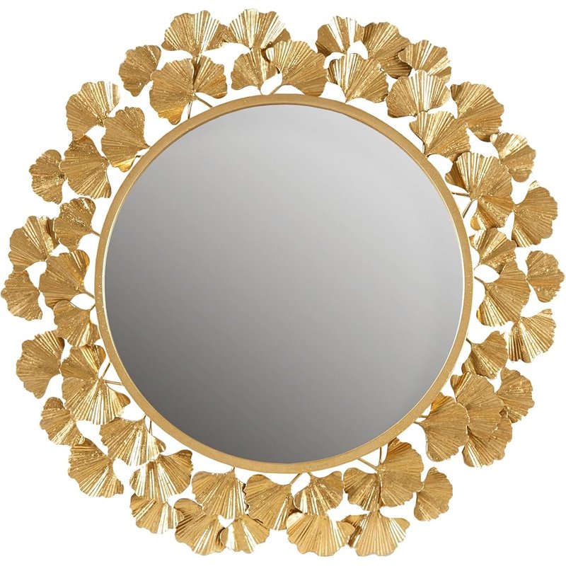 Gold ginkgo leaf round mirror