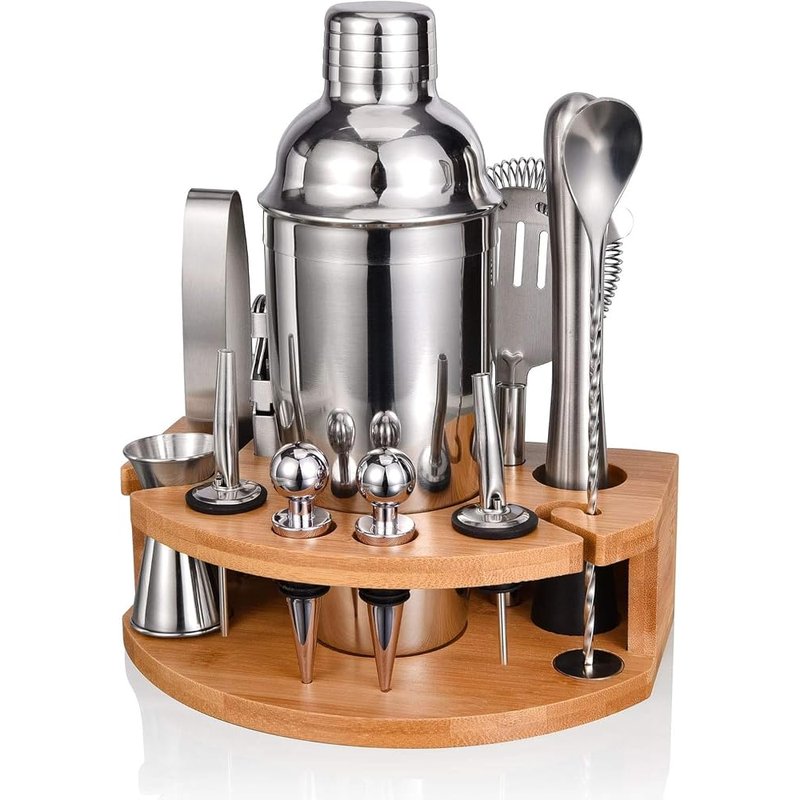 Cocktail shaker set with bamboo stand