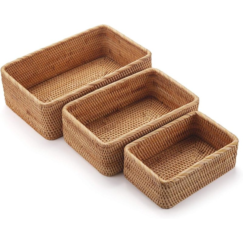 Natural rattan storage baskets, set of 3