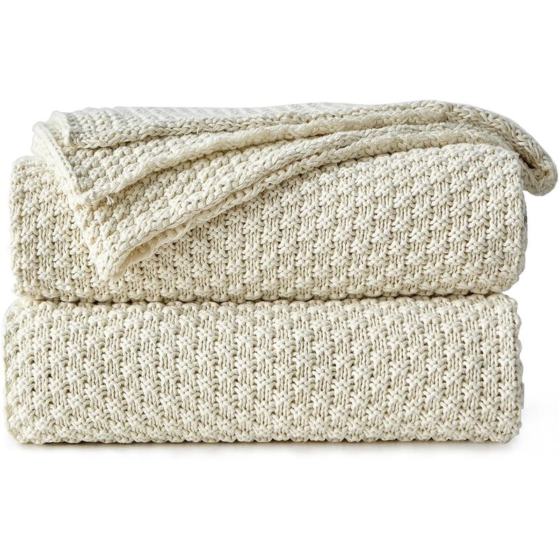 Cream cotton knit throw blanket
