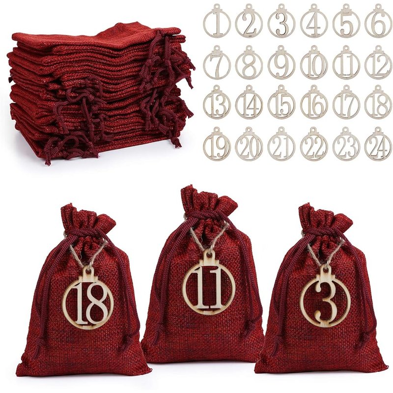 LIHAO red linen advent bags with wooden numbers