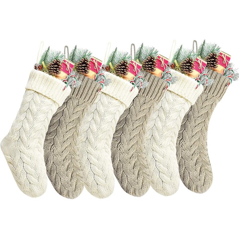Khaki and ivory knit stockings, 6 pack