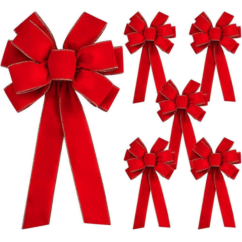 Large red velvet bows with gold edge, set of 6